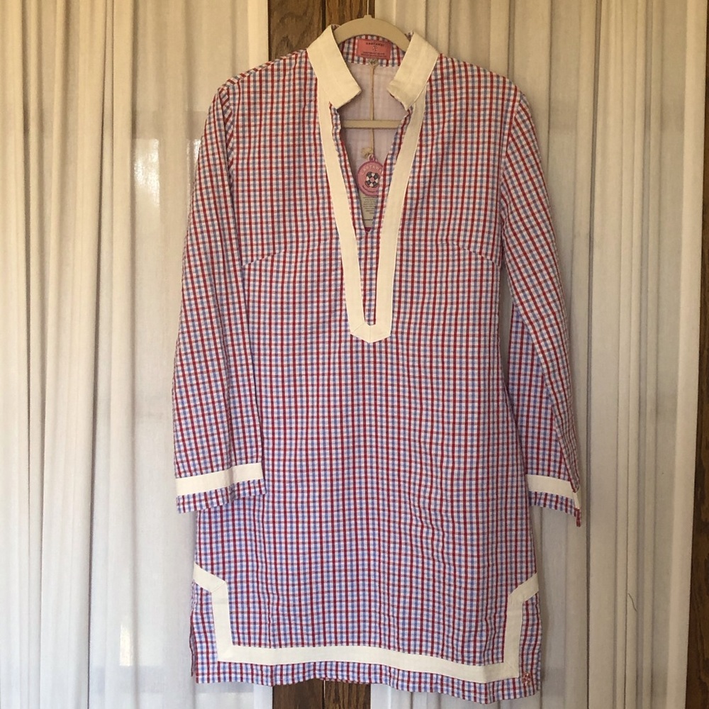 Castaway Nantucket Red White Blue Plaid Seersucker Tunic Dress